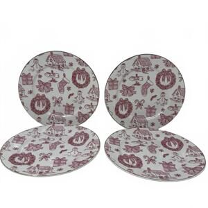 Set of 4 Grace Teaware 8" Pink / Red Christmas Decorated Dessert Plates holiday